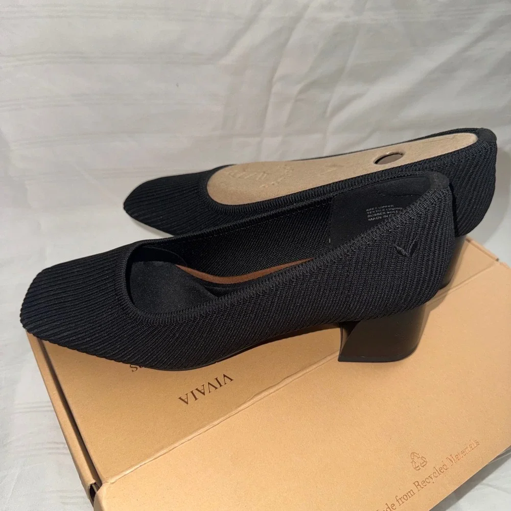 VIVAIA‎ Black Knit Square Toe Block Chunky Heel Pumps Women's Size 7-7.5 EUR38.5